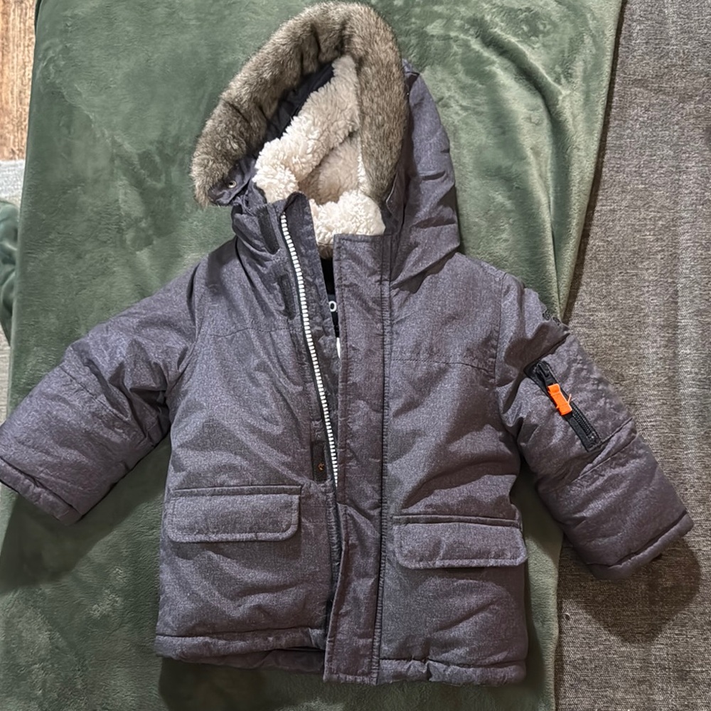 Gray Hooded Winter Jacket with Faux Fur Lining